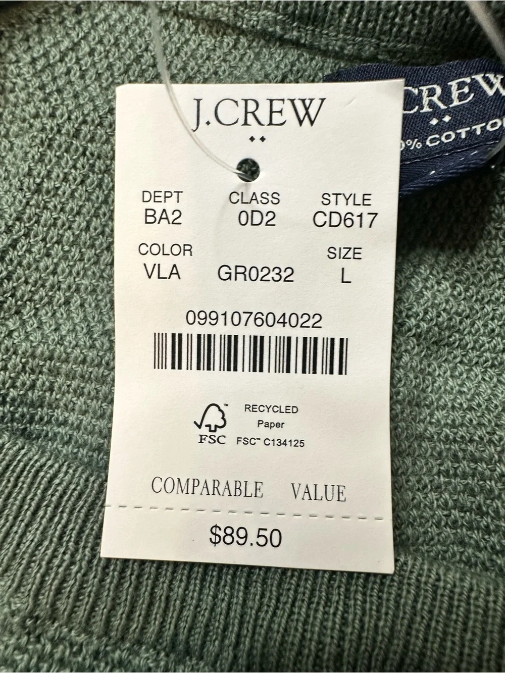 NWT J. Crew Lightweight Green Crew Neck Sweater - Size L